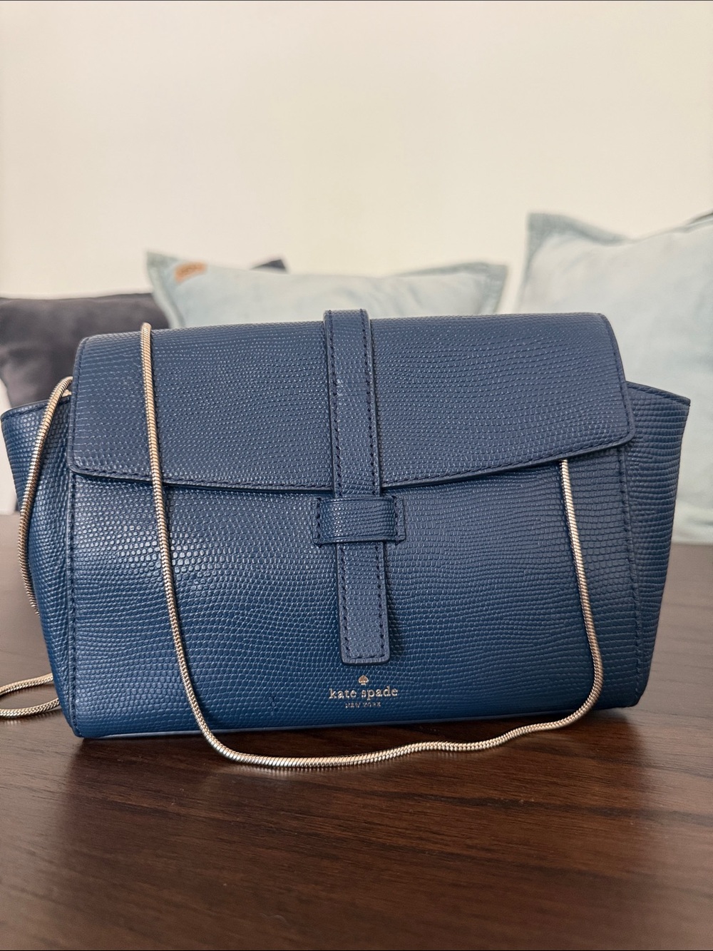 kate spade Navy Blue Textured Leather Crossbody with Gold Chain